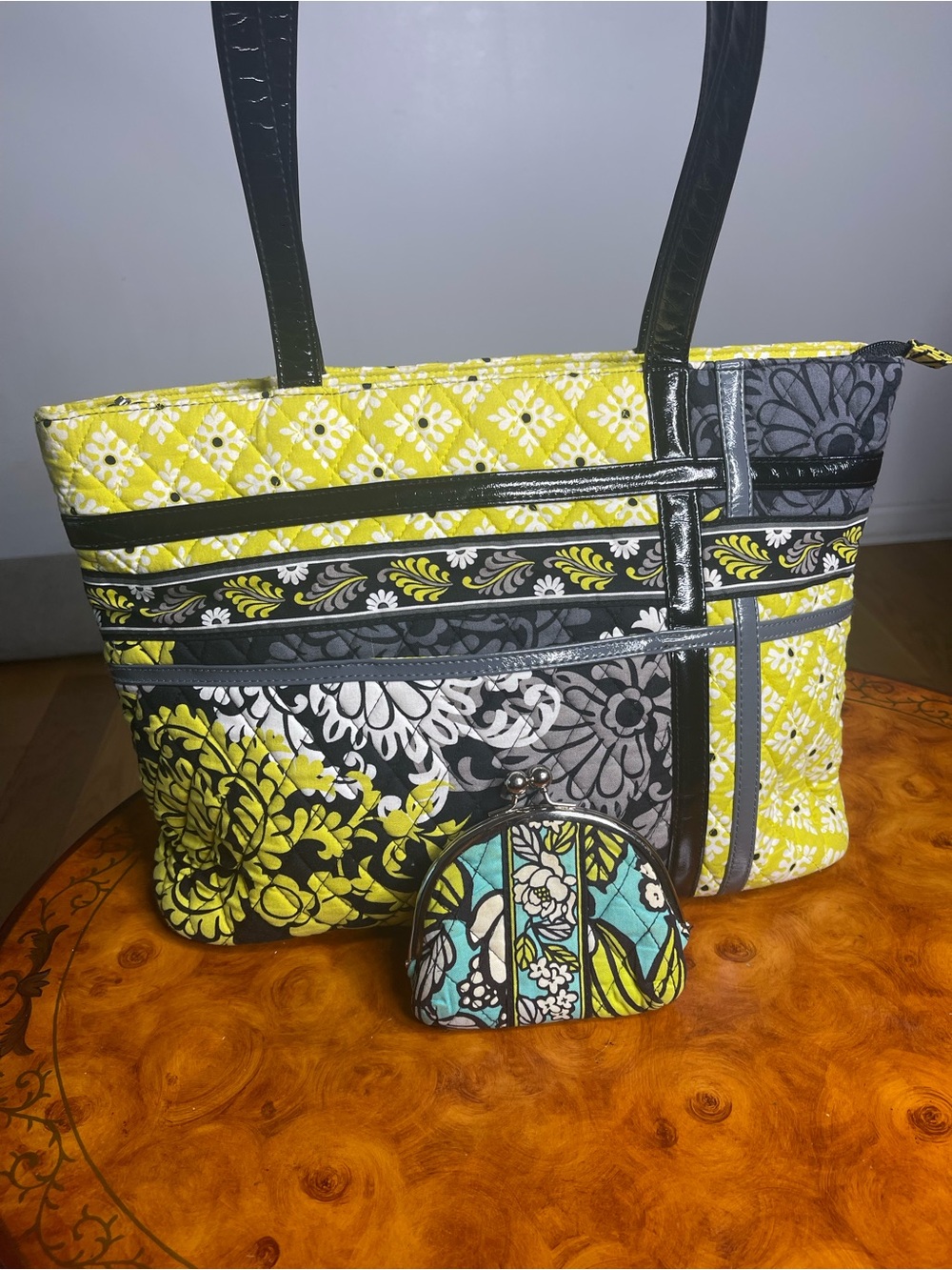 Vera Bradley Yellow, Gray & Black Quilted Floral Tote with Coin Purse